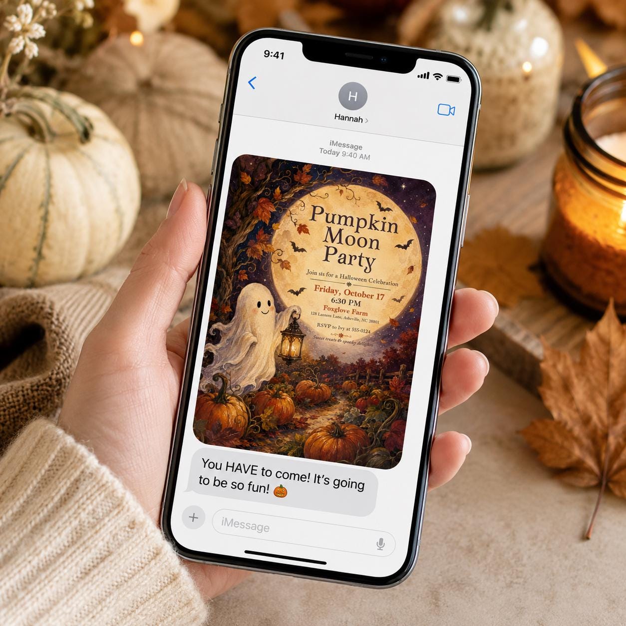 Halloween Moon Party Invitation, Pumpkin Harvest Ghost Invite, Whimsical Autumn Farm Celebration, Editable Canva Template - Image 6