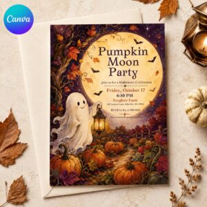 Halloween Moon Party Invitation, Pumpkin Harvest Ghost Invite, Whimsical Autumn Farm Celebration, Editable Canva Template