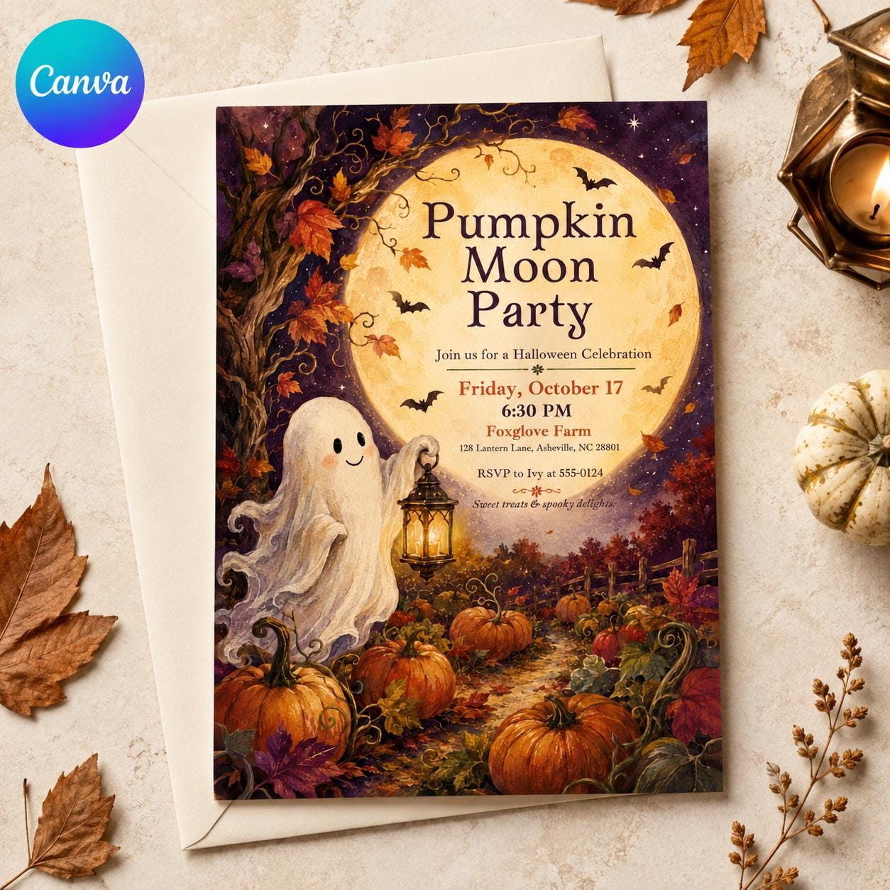 Halloween Moon Party Invitation, Pumpkin Harvest Ghost Invite, Whimsical Autumn Farm Celebration, Editable Canva Template