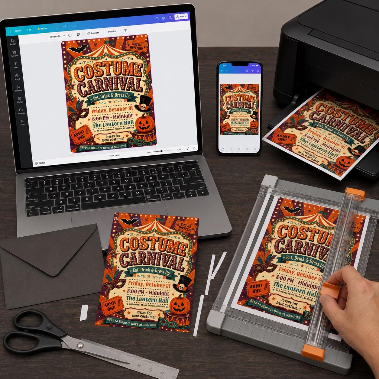 Halloween Carnival Invitation, Vintage Costume Party Invite, Retro Circus Masquerade Event, Editable Canva Template - Image 4