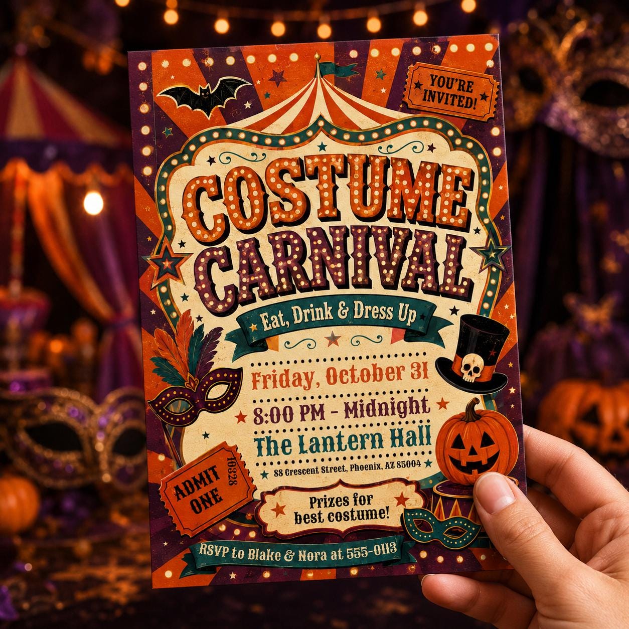 Halloween Carnival Invitation, Vintage Costume Party Invite, Retro Circus Masquerade Event, Editable Canva Template - Image 5