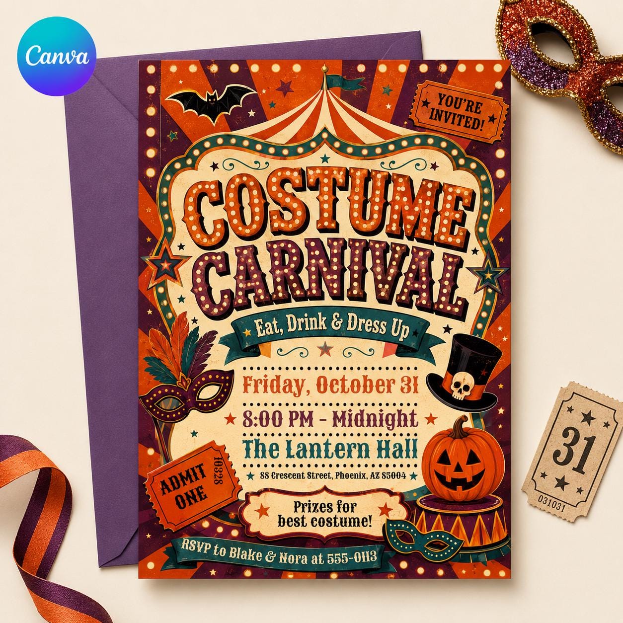 Halloween Carnival Invitation, Vintage Costume Party Invite, Retro Circus Masquerade Event, Editable Canva Template