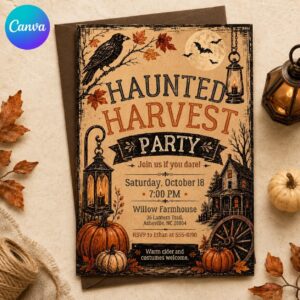 Haunted Harvest Party Invitation, Rustic Farmhouse Halloween Invite, Vintage Pumpkin Costume Event, Editable Canva Template