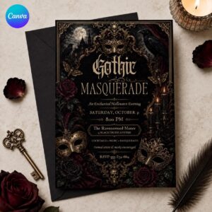 Gothic Masquerade Invitation, Dark Halloween Ball Party, Victorian Mask Adult Event, Editable Canva Template