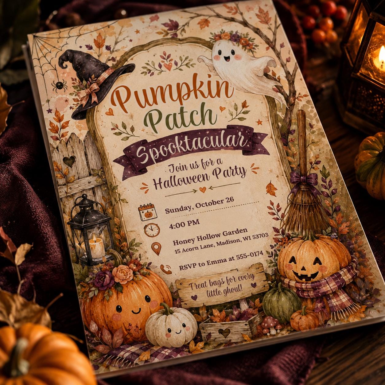 Pumpkin Patch Halloween Invitation, Rustic Spooktacular Fall Party Invite, Cute Ghost Editable Canva Template - Image 3