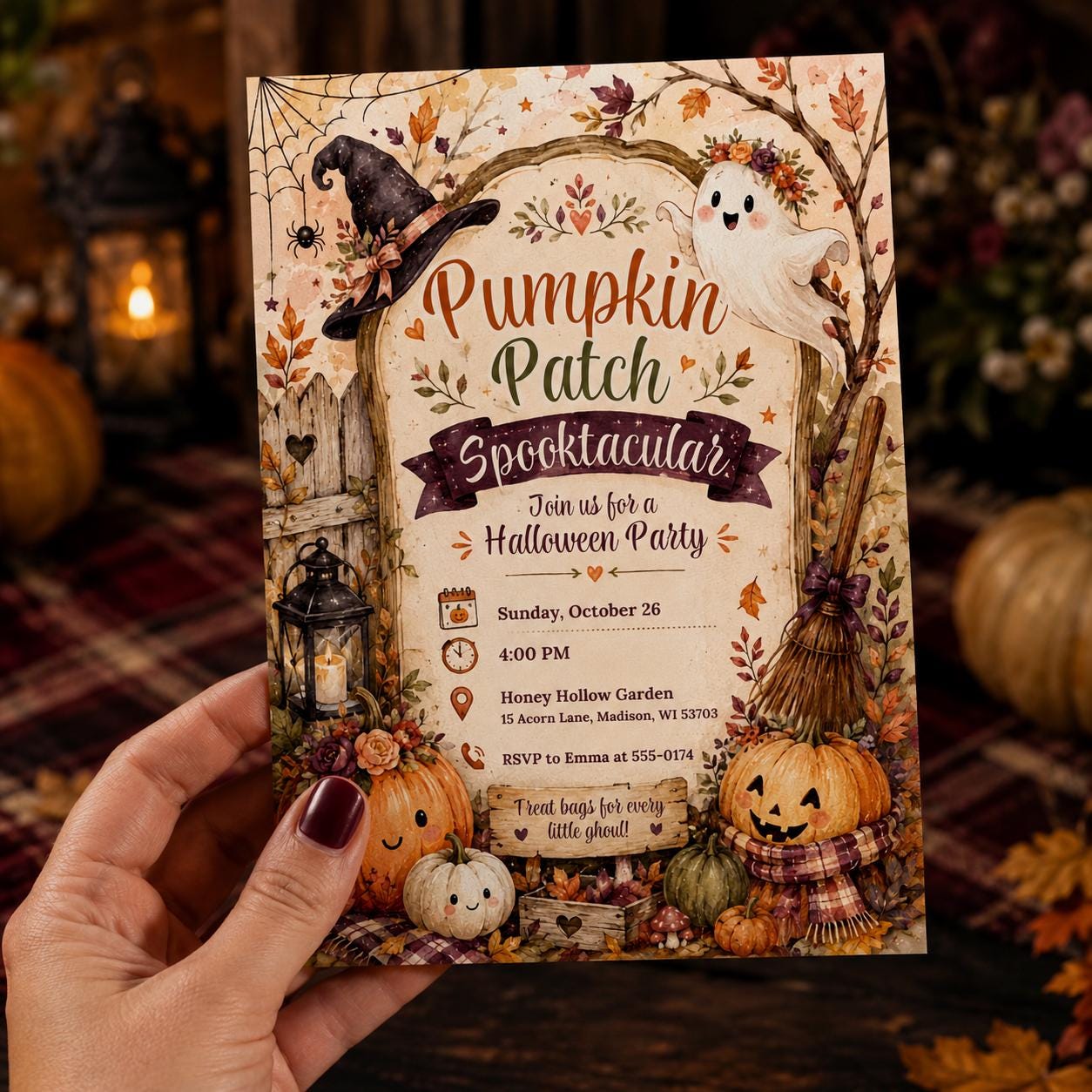 Pumpkin Patch Halloween Invitation, Rustic Spooktacular Fall Party Invite, Cute Ghost Editable Canva Template - Image 4