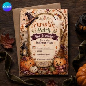 Pumpkin Patch Halloween Invitation, Rustic Spooktacular Fall Party Invite, Cute Ghost Editable Canva Template
