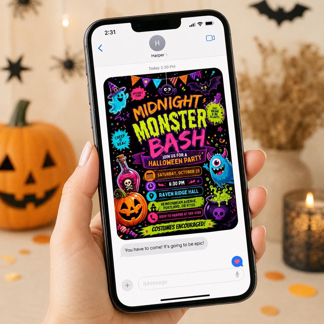 Summerween Birthday Invitation, 13th Beach Halloween Pool Party, Neon Tropical Ghost Invite, Editable Canva Template - Image 3