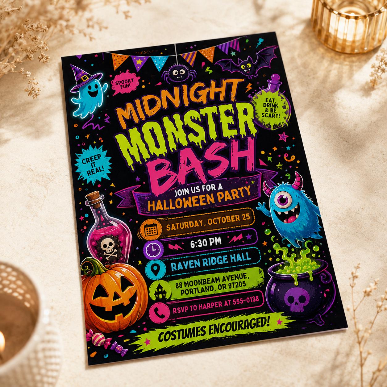 Summerween Birthday Invitation, 13th Beach Halloween Pool Party, Neon Tropical Ghost Invite, Editable Canva Template - Image 6