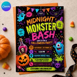 Summerween Birthday Invitation, 13th Beach Halloween Pool Party, Neon Tropical Ghost Invite, Editable Canva Template