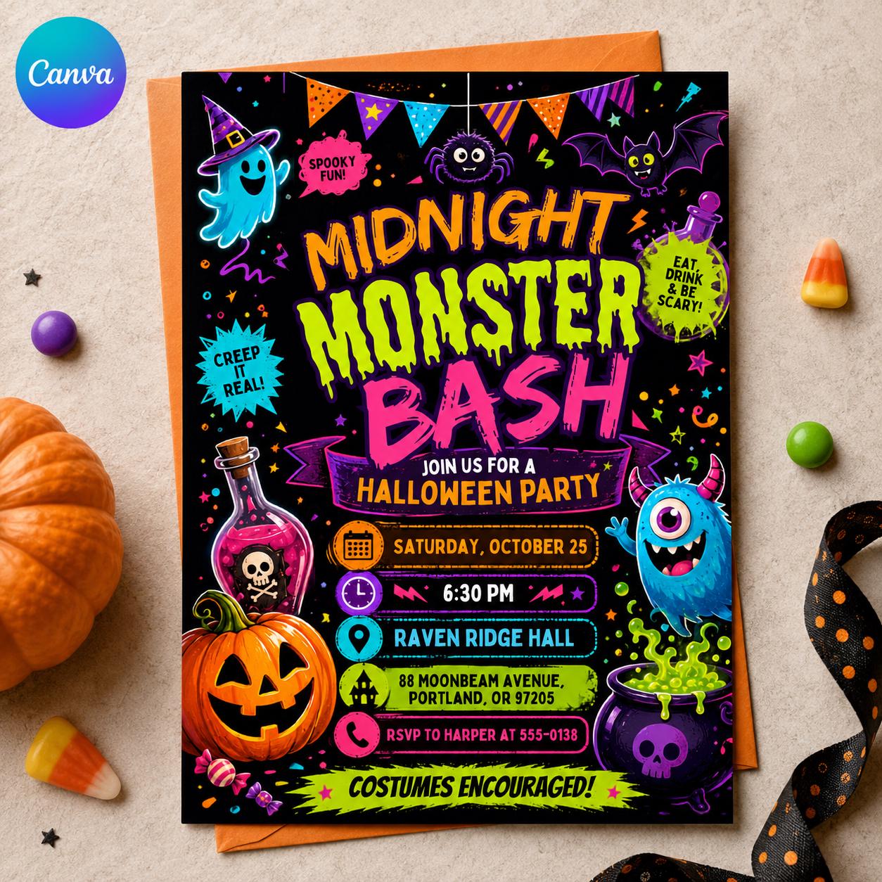 Summerween Birthday Invitation, 13th Beach Halloween Pool Party, Neon Tropical Ghost Invite, Editable Canva Template