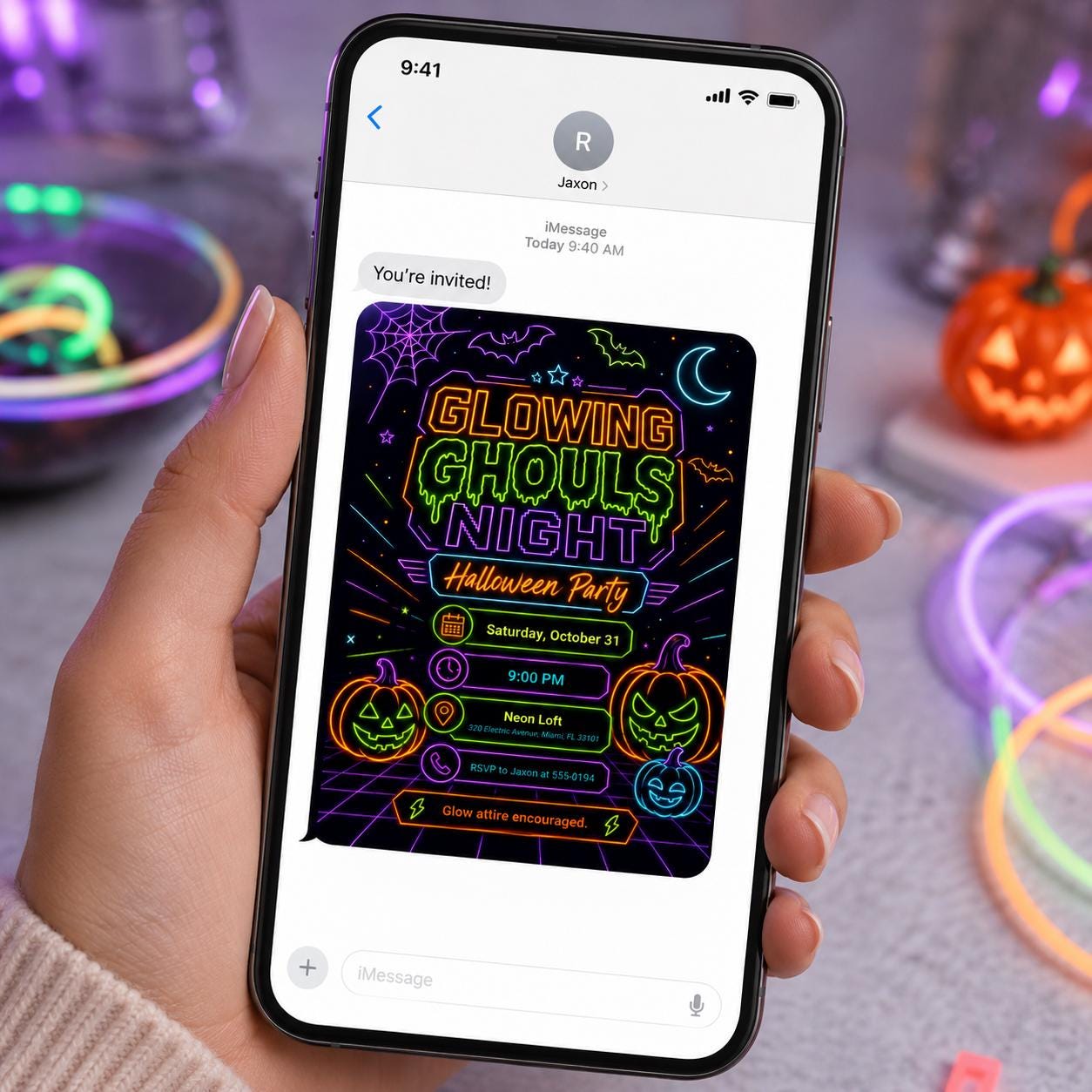 Neon Halloween Party Invitation, Glowing Ghouls Night Glow in the Dark Costume Invite, Editable Canva Template - Image 5
