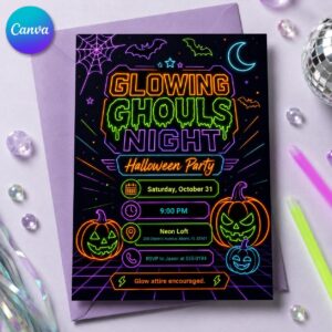 Neon Halloween Party Invitation, Glowing Ghouls Night Glow in the Dark Costume Invite, Editable Canva Template