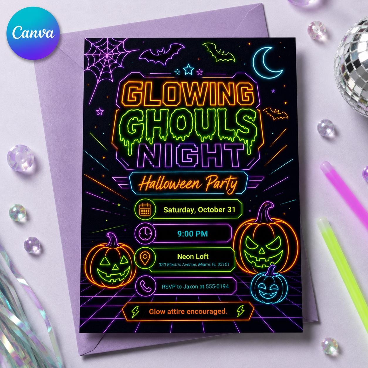 Neon Halloween Party Invitation, Glowing Ghouls Night Glow in the Dark Costume Invite, Editable Canva Template