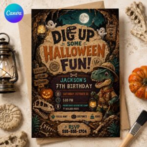 Dinosaur Halloween Birthday Invitation, Dino Dig Fossil Hunt Party, 7th Birthday Explorer Invite, Editable Canva Template