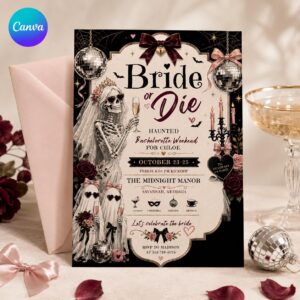 Bride or Die Bachelorette Invitation, Haunted Skeleton Bride Weekend Itinerary, Pink Gothic Editable Canva Template