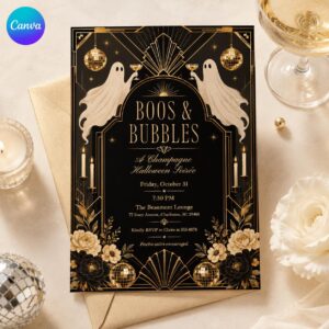 Boos and Bubbles Halloween Invitation, Art Deco Champagne Costume Party, Black Gold Editable Canva Template