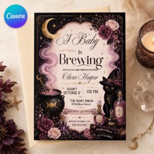 A Baby Is Brewing Invitation, Witch Baby Shower with Black Cat and Potions, Pink Gothic Editable Canva Template