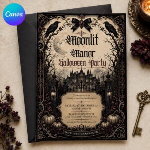 Gothic Halloween Party Invitation, Haunted Manor Adult Costume Event, Victorian Raven Editable Printable Canva Template