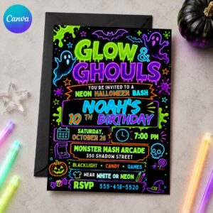 Neon Halloween Birthday Invitation, Glow in the Dark 10th Birthday Party, Blacklight Ghost Editable Canva Template