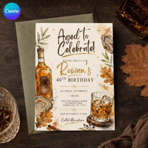 40th Birthday Whiskey Invitation, Aged to Celebrate Bourbon Party for Men, Watercolor Editable Canva Template