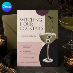 Halloween Cocktail Party Invitation, Witching Hour Adult Costume Gathering, Retro Minimal Editable Canva Template