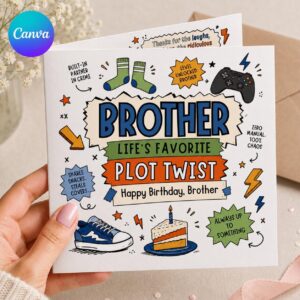 Funny Brother Birthday Greeting Card, Gamer Sibling Printable Editable Comic Folded Card Canva Template