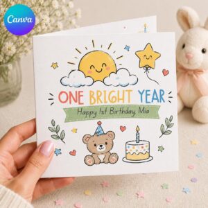 1st Birthday Greeting Card for Baby, Cute Teddy Bear Printable Editable Folded Card Canva Template