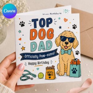 Dog Dad Birthday Greeting Card from the Dog, Funny Paw-some Printable Editable Folded Card Canva Template