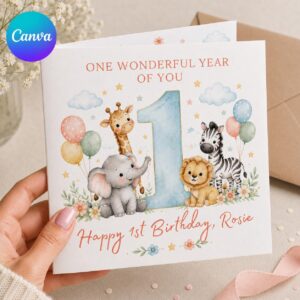 1st Birthday Greeting Card for Granddaughter, Cute Safari Animals Printable Editable Folded Card Canva Template