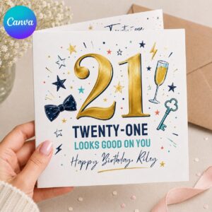 21st Birthday Greeting Card, Gold and Navy Milestone Printable Editable Folded Card Canva Template