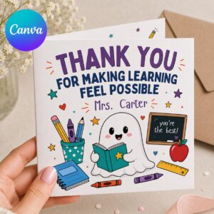 Teacher Thank You Greeting Card, Making Learning Feel Possible Printable Editable Folded Card Canva Template