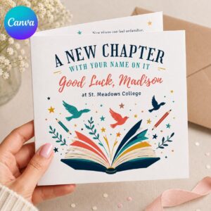 College Good Luck Greeting Card for Student, New Chapter Printable Editable Folded Card Canva Template