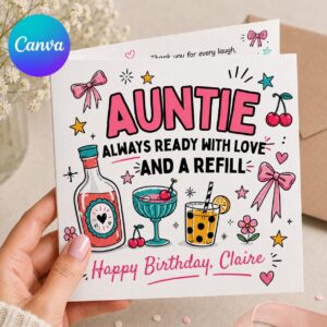 Auntie Birthday Greeting Card, Funny Cocktail Design Printable Editable Folded Card Canva Template