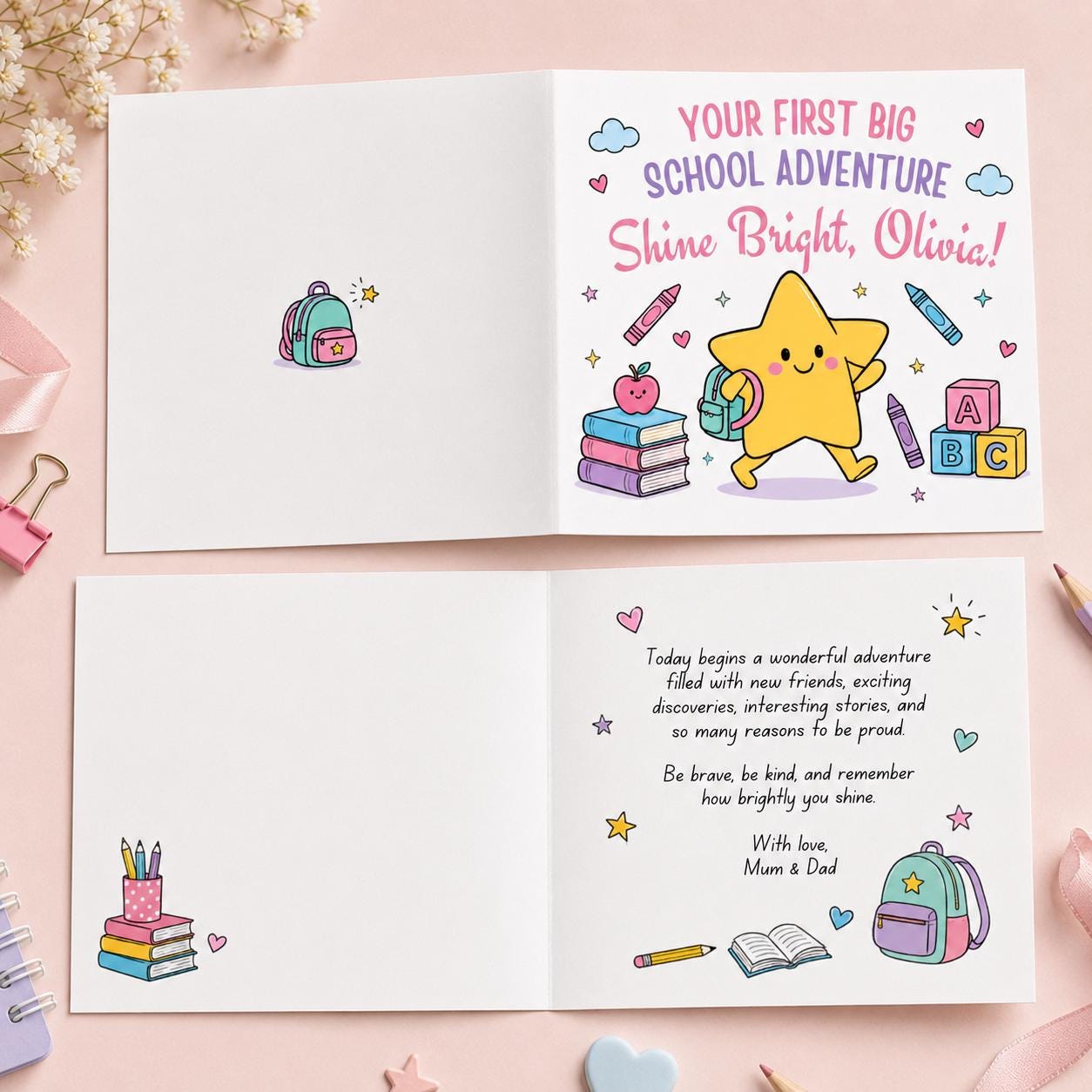 First Day of School Greeting Card for Girl, Cute Back to School Printable Editable Folded Card Canva Template - Image 3