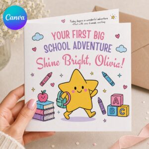 First Day of School Greeting Card for Girl, Cute Back to School Printable Editable Folded Card Canva Template