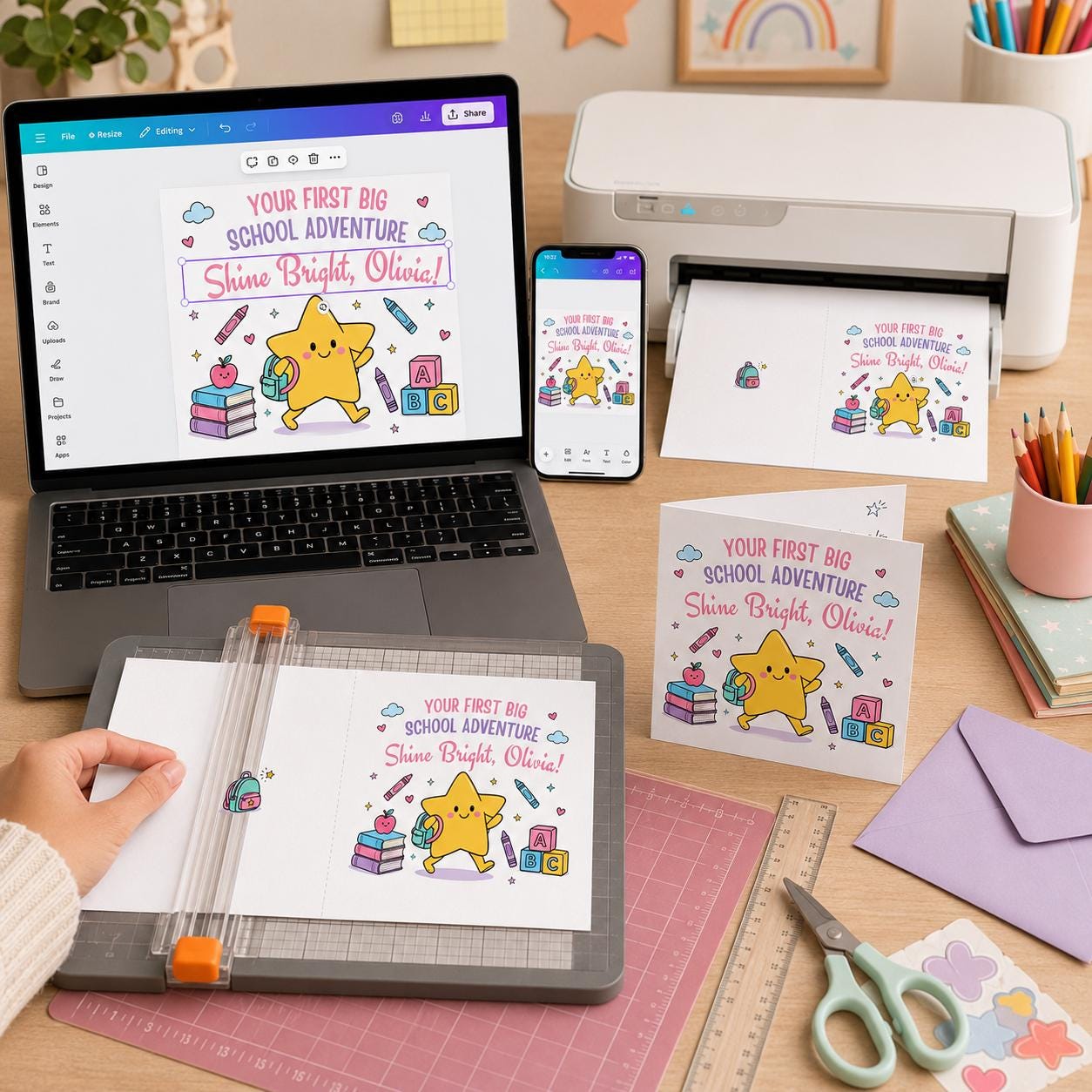 First Day of School Greeting Card for Girl, Cute Back to School Printable Editable Folded Card Canva Template - Image 5