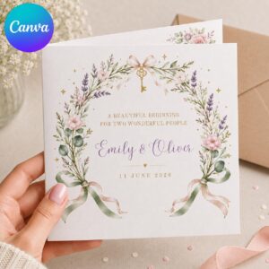 Wedding Greeting Card for Couple, Elegant Floral Congratulations Printable Editable Folded Card Canva Template