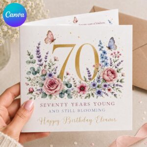 70th Birthday Greeting Card for Her, Elegant Floral Butterfly Printable Editable Folded Card Canva Template