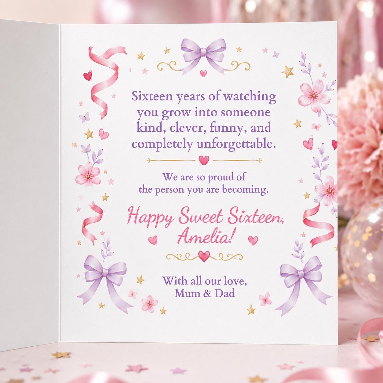 Sweet 16 Birthday Greeting Card for Girl, Pink Balloon Floral Printable Editable Folded Card Canva Template - Image 4