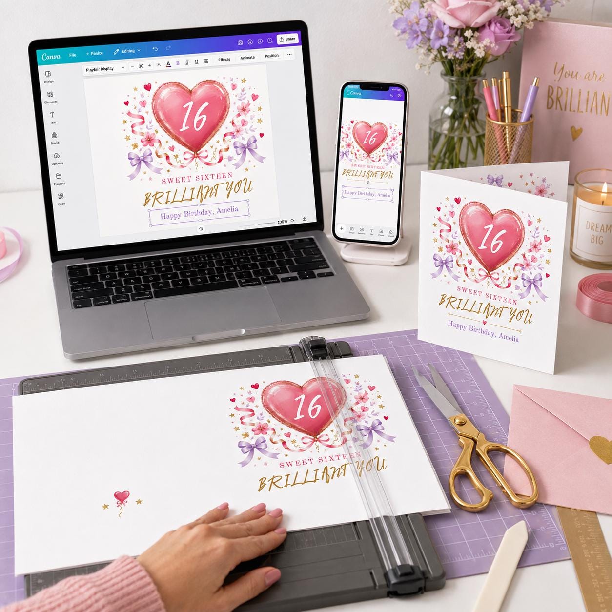 Sweet 16 Birthday Greeting Card for Girl, Pink Balloon Floral Printable Editable Folded Card Canva Template - Image 5