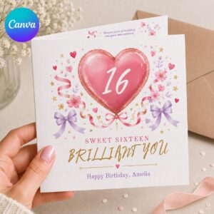 Sweet 16 Birthday Greeting Card for Girl, Pink Balloon Floral Printable Editable Folded Card Canva Template