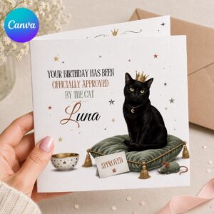 Funny Cat Birthday Greeting Card, Printable Card from the Cat Editable Folded Card Canva Template
