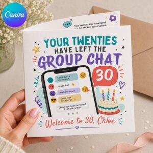 Funny 30th Birthday Greeting Card, Group Chat Humor Printable Editable Folded Card Canva Template