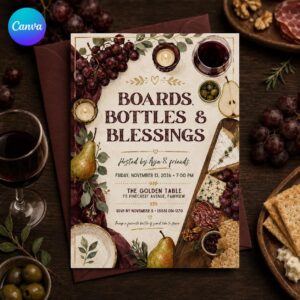 Charcuterie Party Invitation, Boards Bottles and Blessings Friendsgiving Wine Night Editable Canva Template