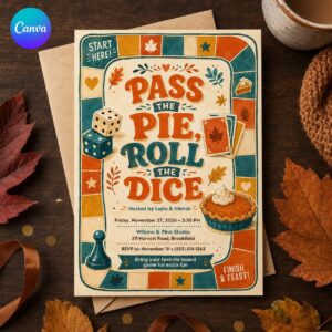 Friendsgiving Game Night Invitation, Pass the Pie Board Game Party, Retro Thanksgiving Editable Canva Template