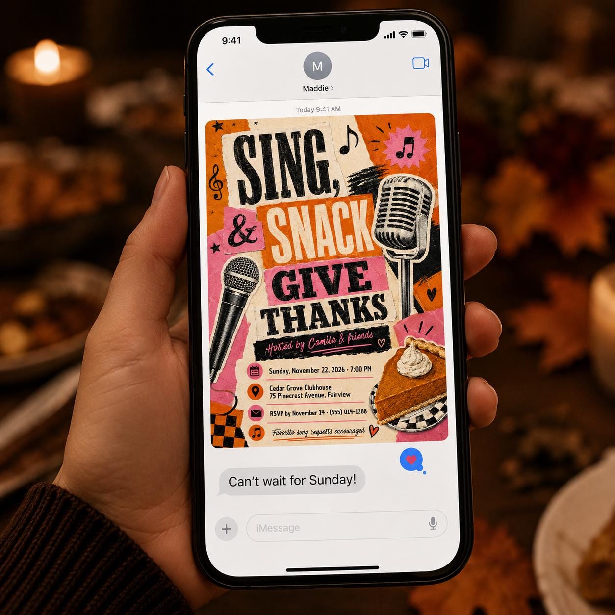 Thanksgiving Karaoke Party Invitation, Sing and Give Thanks Friendsgiving Music Night Editable Canva Template - Image 5