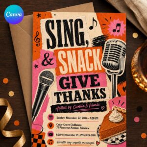 Thanksgiving Karaoke Party Invitation, Sing and Give Thanks Friendsgiving Music Night Editable Canva Template