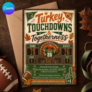 Turkey and Touchdowns Invitation, Thanksgiving Football Party Tailgate Friendsgiving Editable Canva Template
