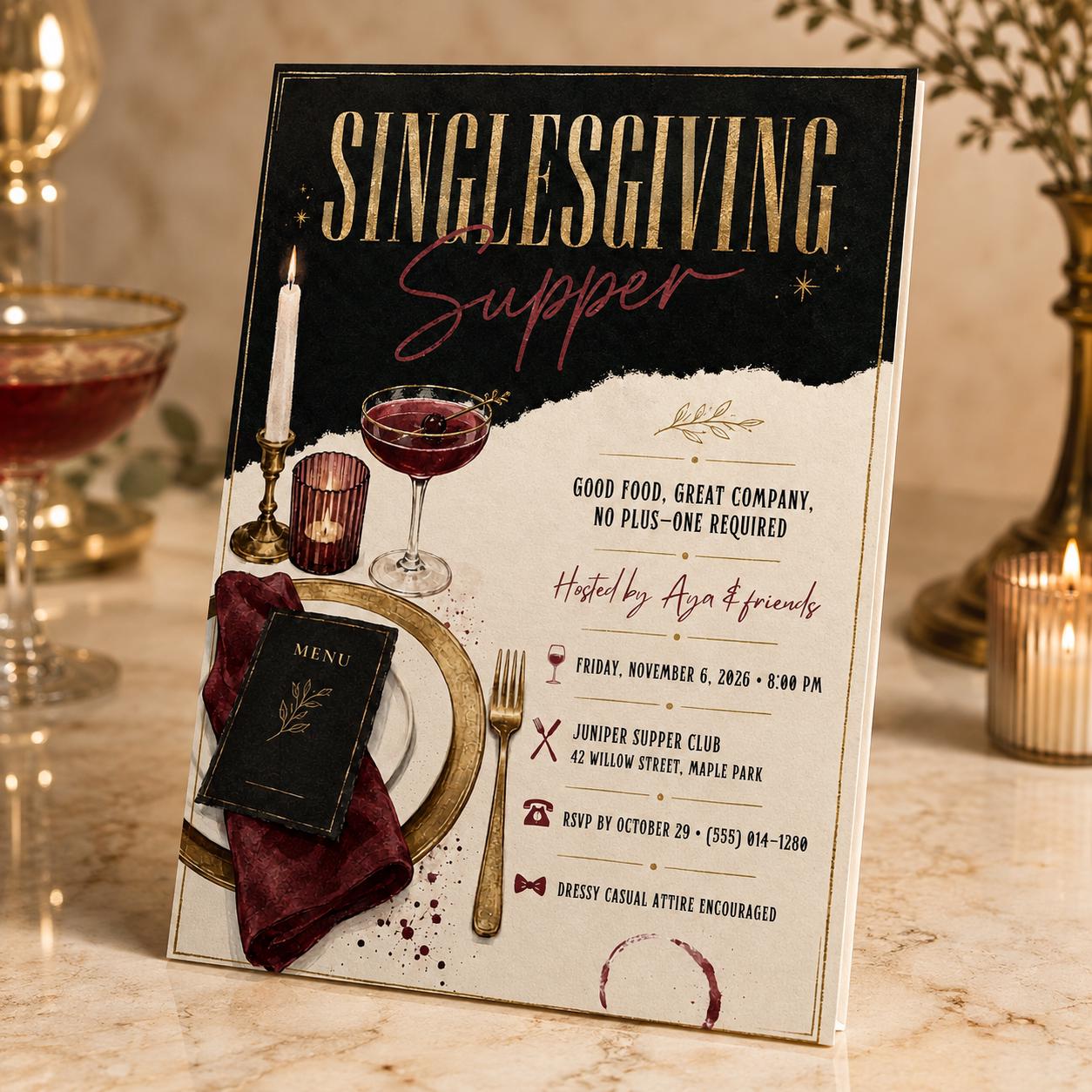 Singlesgiving Dinner Invitation, Friendsgiving Supper for Singles, Black Gold Adult Party Canva Template - Image 4